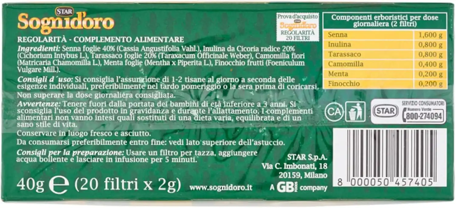 Sognid’oro Tisana Regolarità con Senna e Tarassaco – 12 Confezioni da 20 Bustine