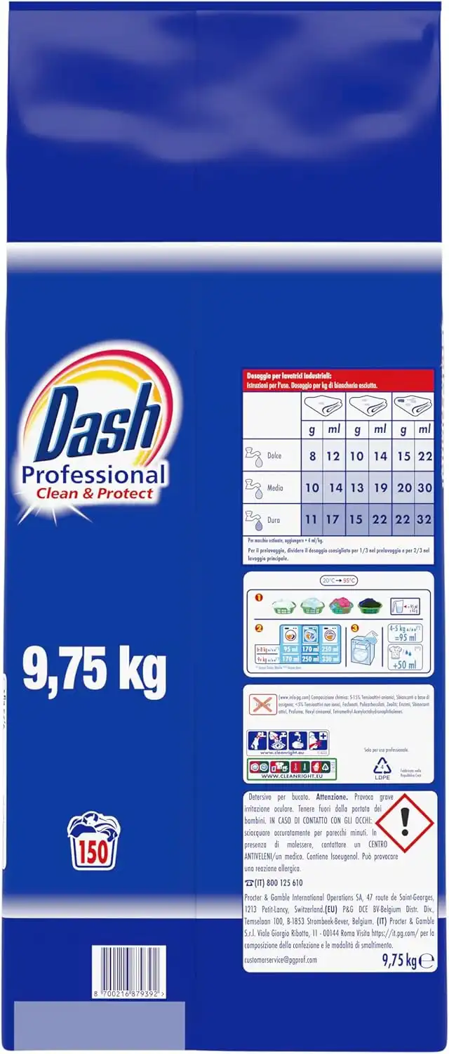 Dash Professional Clean & Protect 9,75Kg 150 Lavaggi Detersivo Polvere Lavatrice