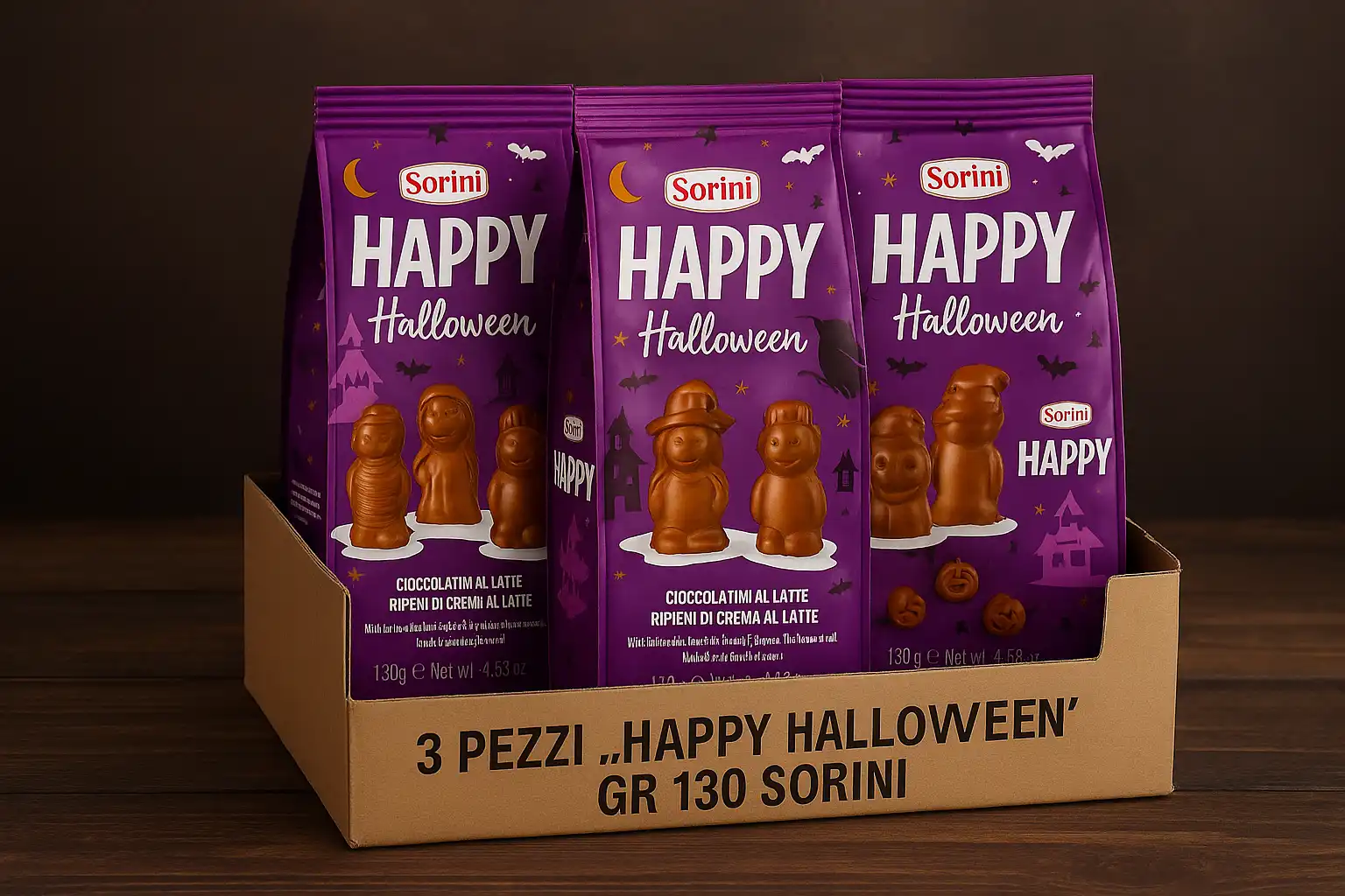3X Sorini Happy Halloween 130g Cioccolatini al Latte Ripieni Crema Bianca