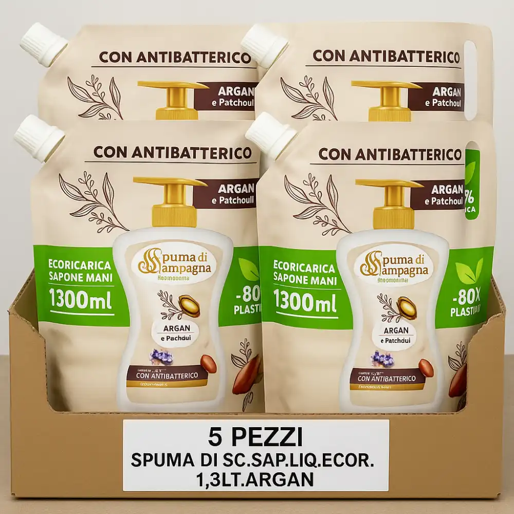 5x Spuma di Sciampagna Ecoricarica Sapone Mani 1,3L Argan Patchouli