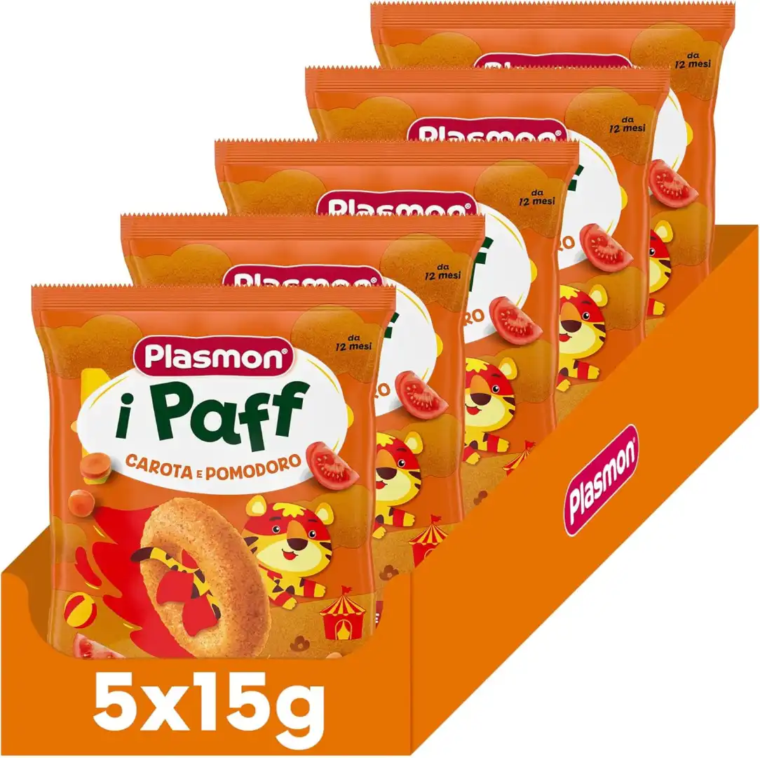 5x Plasmon Paff Carota e Pomodoro 15g – Snack Bimbi Non Fritti Senza Sale