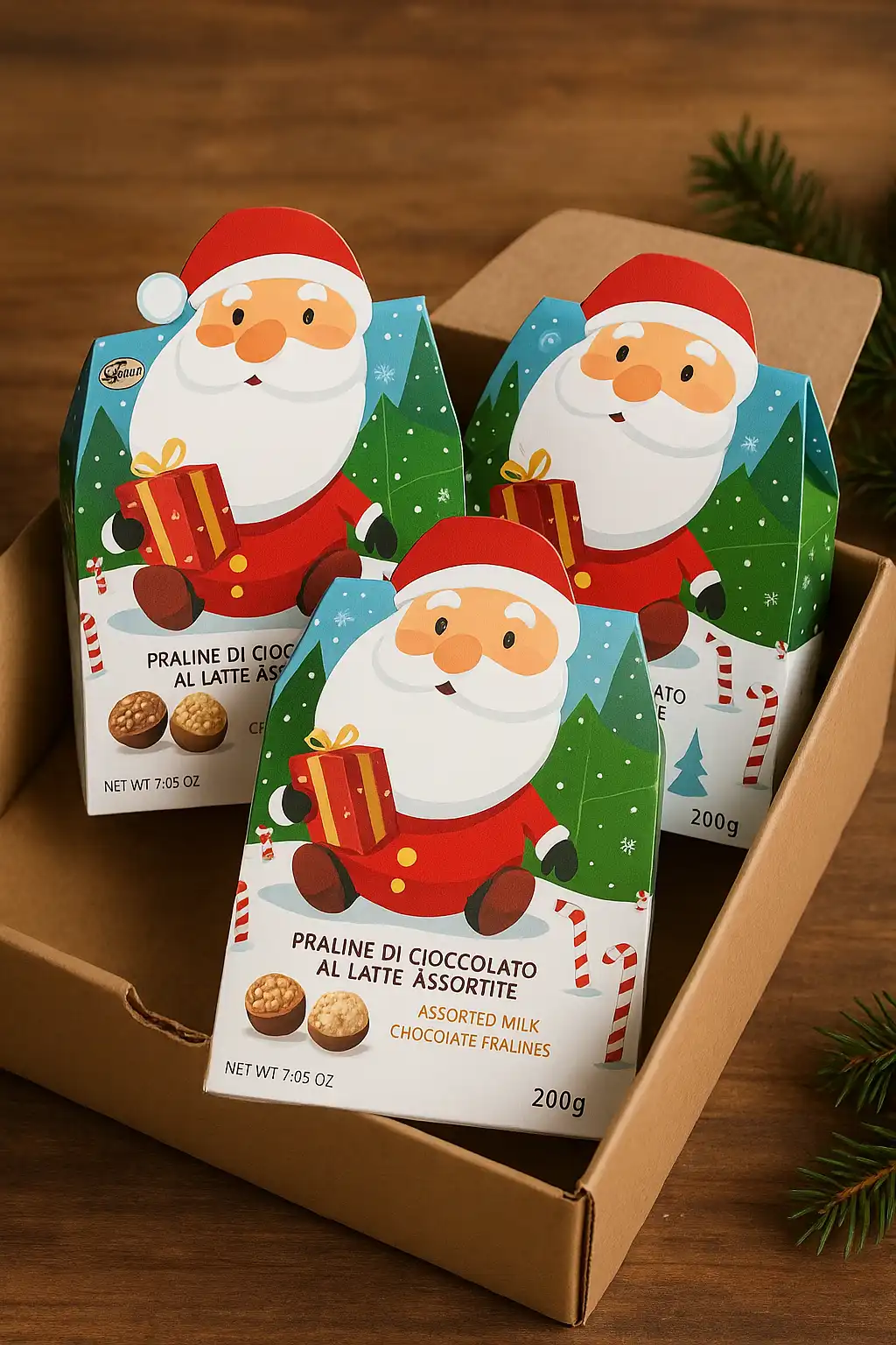 3 Confezioni Praline Cioccolato Al Latte Assortite Scatola Babbo Natale 200g
