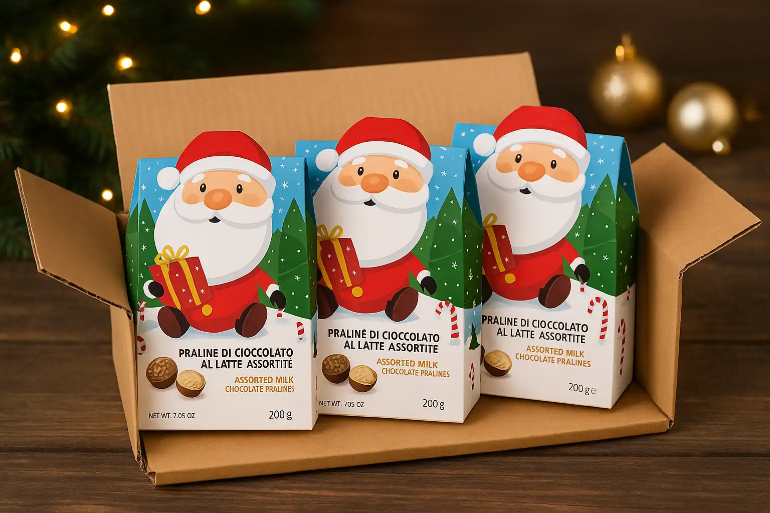 3 Confezioni Praline Cioccolato Al Latte Assortite Scatola Babbo Natale 200g