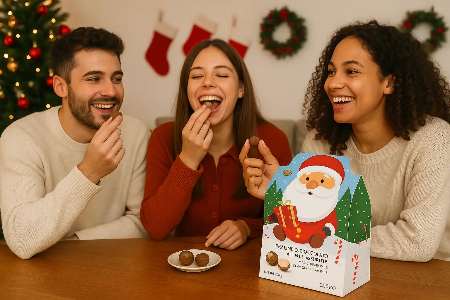 3 Confezioni Praline Cioccolato Al Latte Assortite Scatola Babbo Natale 200g