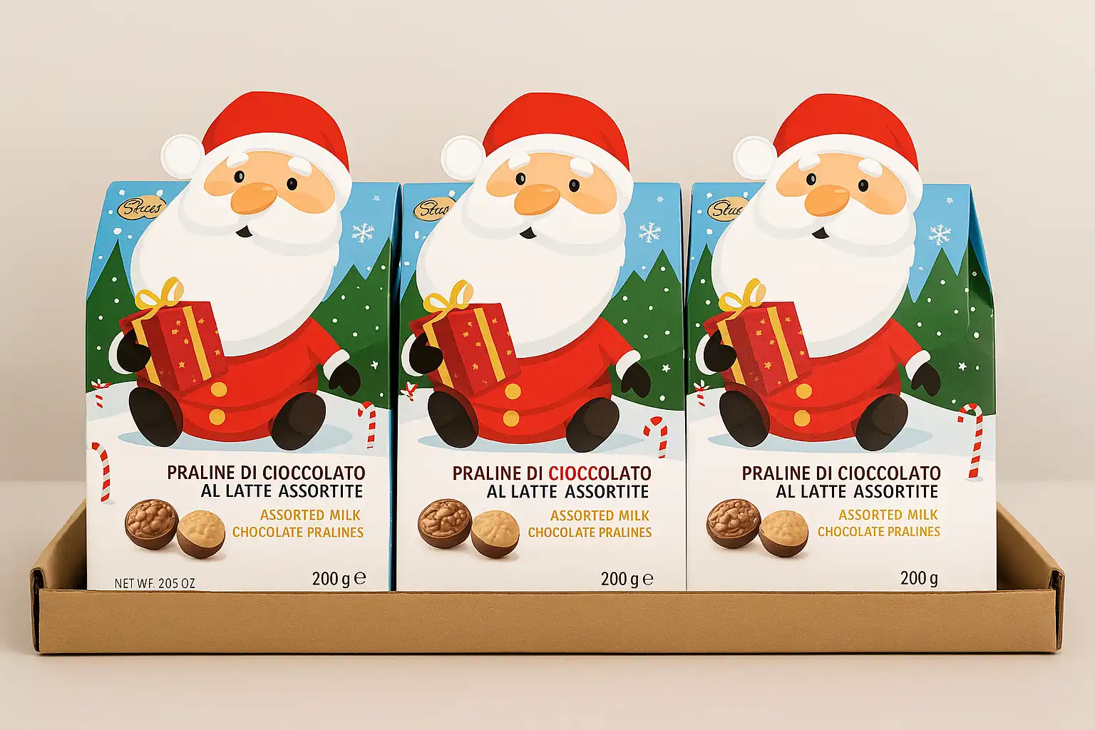 3 Confezioni Praline Cioccolato Al Latte Assortite Scatola Babbo Natale 200g