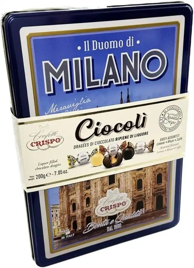 Crispo Cioccolatini Ciocolì Latta Milano Duomo Ripieni Liquore Limone Rhum Caffè