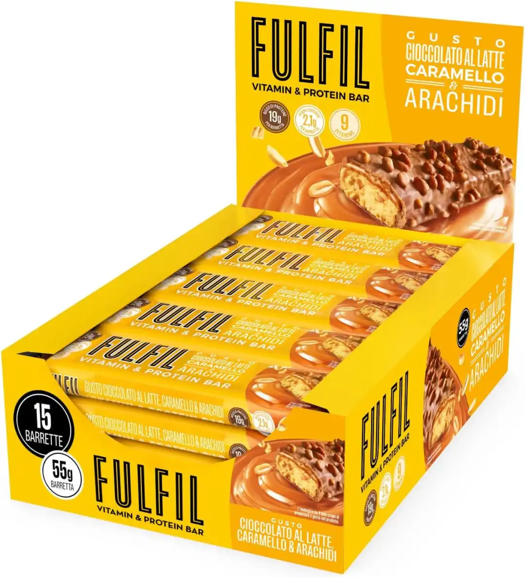 Fulfil 15 Barrette Proteiche 55g Cioccolato Al Latte Caramello Arachidi Vitamine