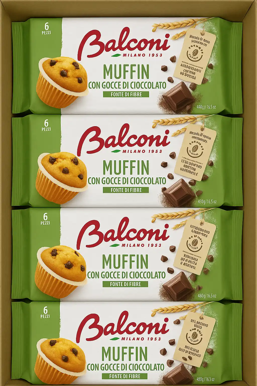 4x Muffin Altograno con Gocce di Cioccolato 700g Soffici e Fonte di Fibre