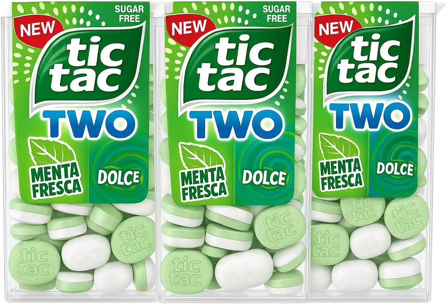 3x Tic Tac TWO Menta Fresca & Dolce Confetti Senza Zucchero 38,5g Doppio Strato