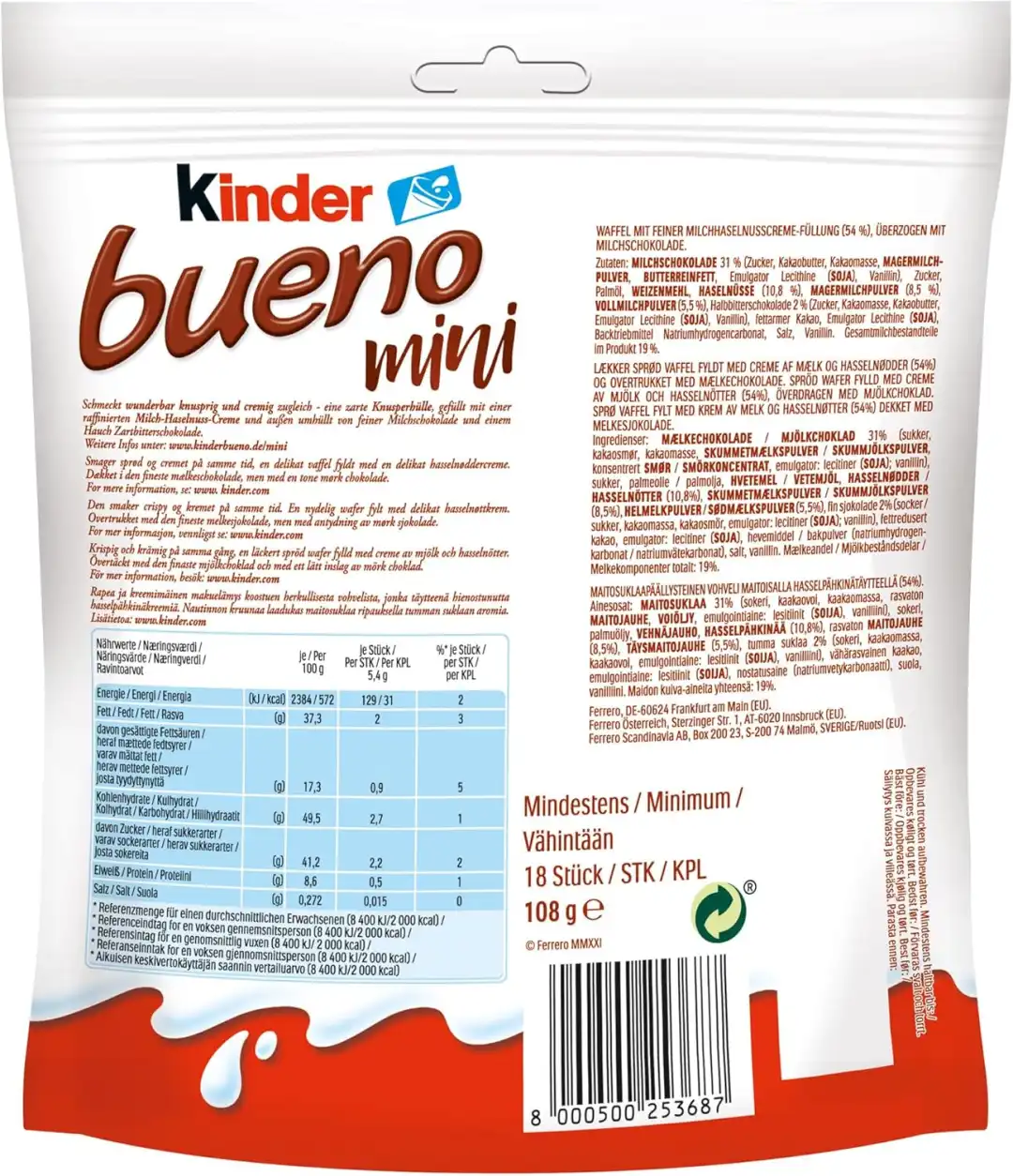 Ferrero Kinder Bueno Mini 108G Praline Di Cioccolato Al Latte E Nocciole