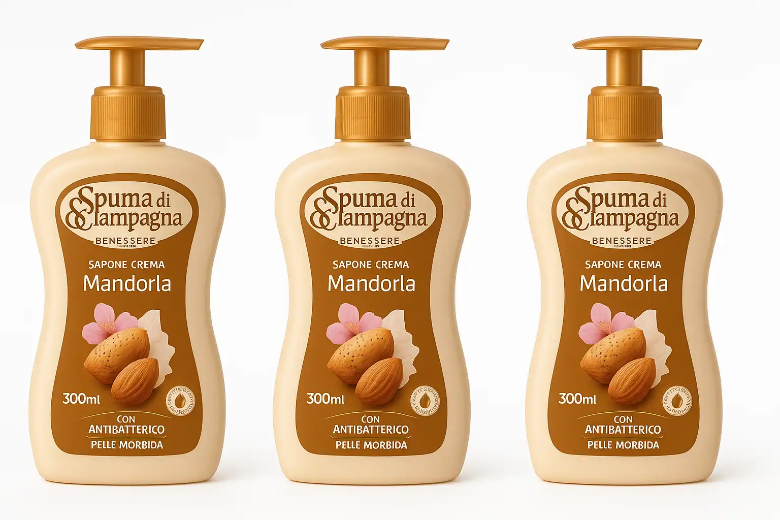 3X Spuma di Sciampagna Sapone Crema Mandorla 300ml Antibatterico Pelle Morbida