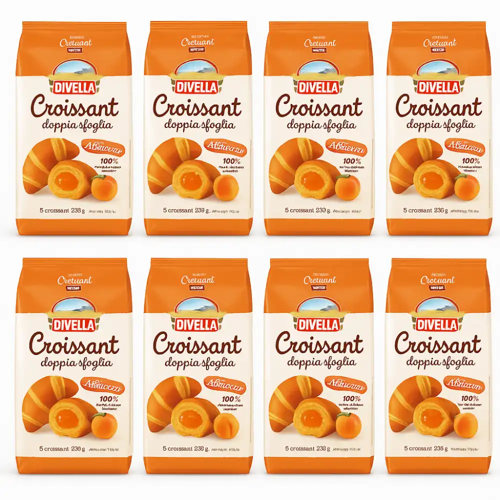 8X Divella Croissant Doppia Sfoglia Albicocca 225g - Cornetti Ripieni Italiani