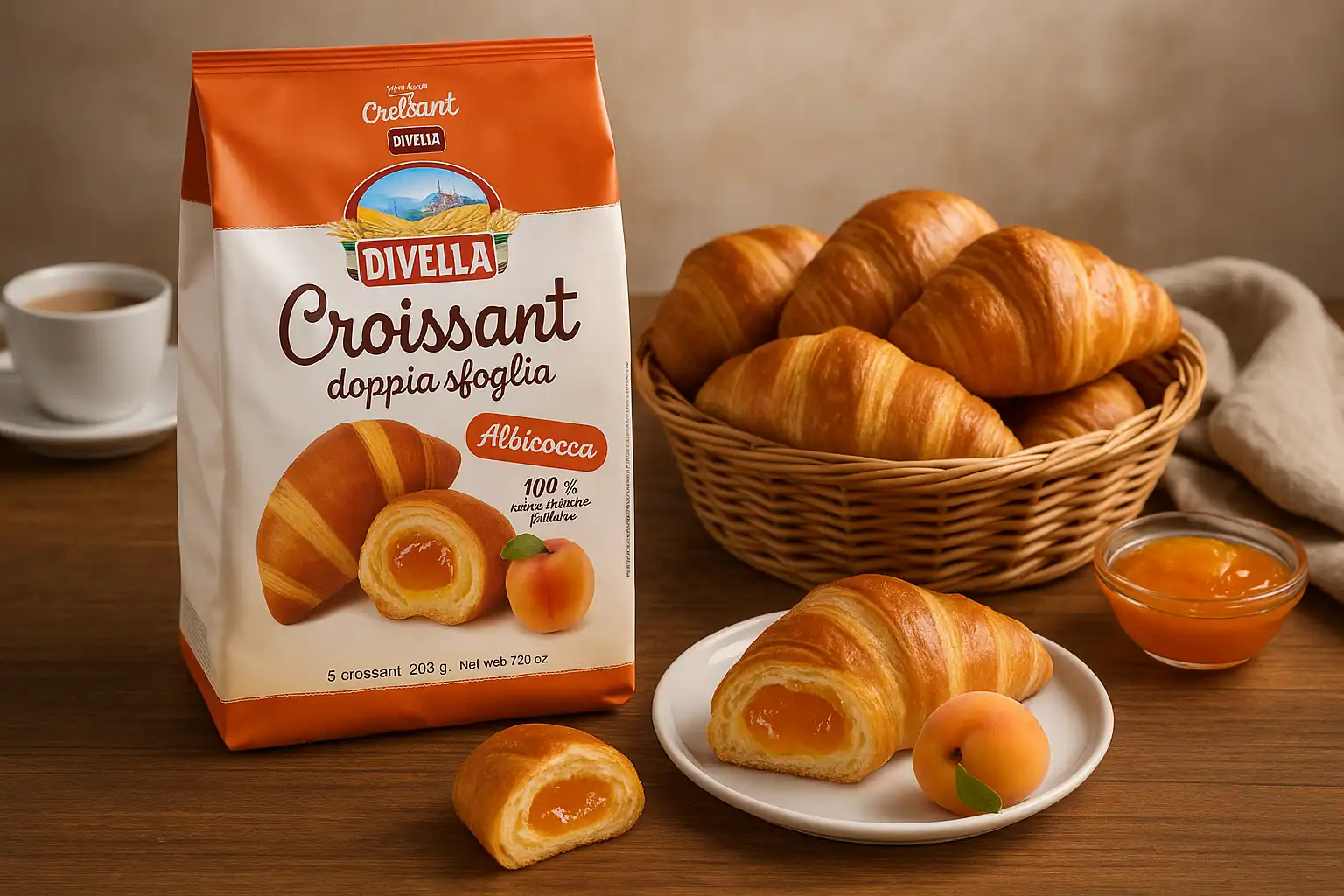8X Divella Croissant Doppia Sfoglia Albicocca 225g - Cornetti Ripieni Italiani