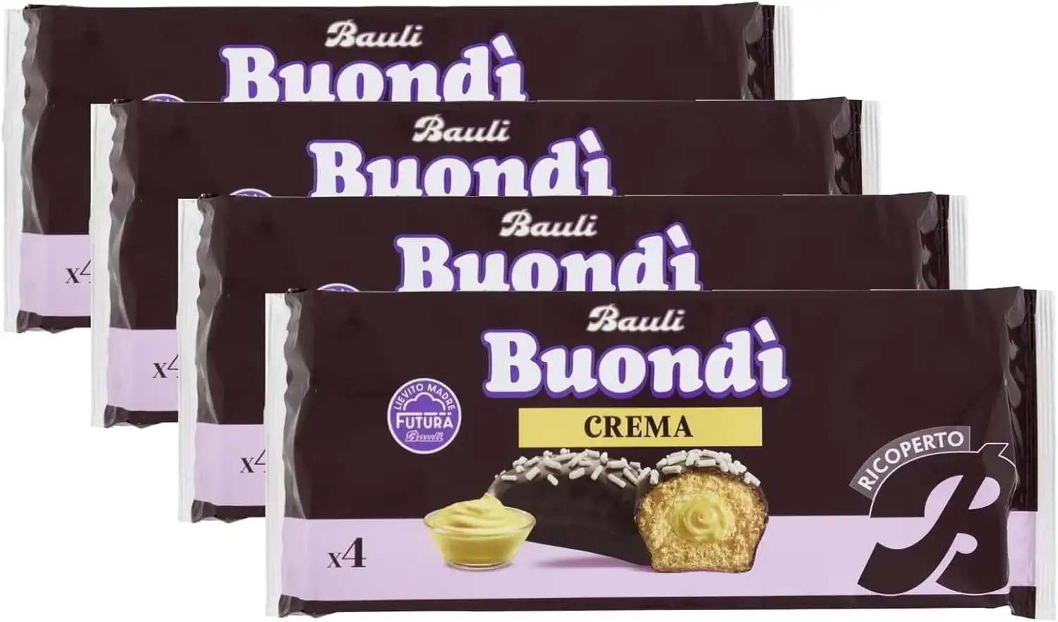 4x Bauli Buondì Ripieno Crema 184g Merendina Dolce al Forno, Ricoperta e Soffice