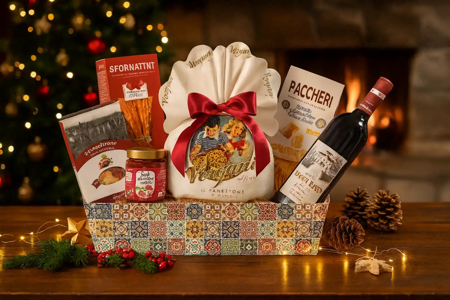 Villa Guelfa Cesto del Convivio 7 Pezzi Cesto Regalo Natalizio con Vino e Dolci