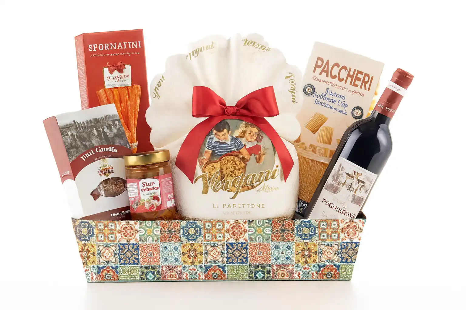 Villa Guelfa Cesto del Convivio 7 Pezzi Cesto Regalo Natalizio con Vino e Dolci