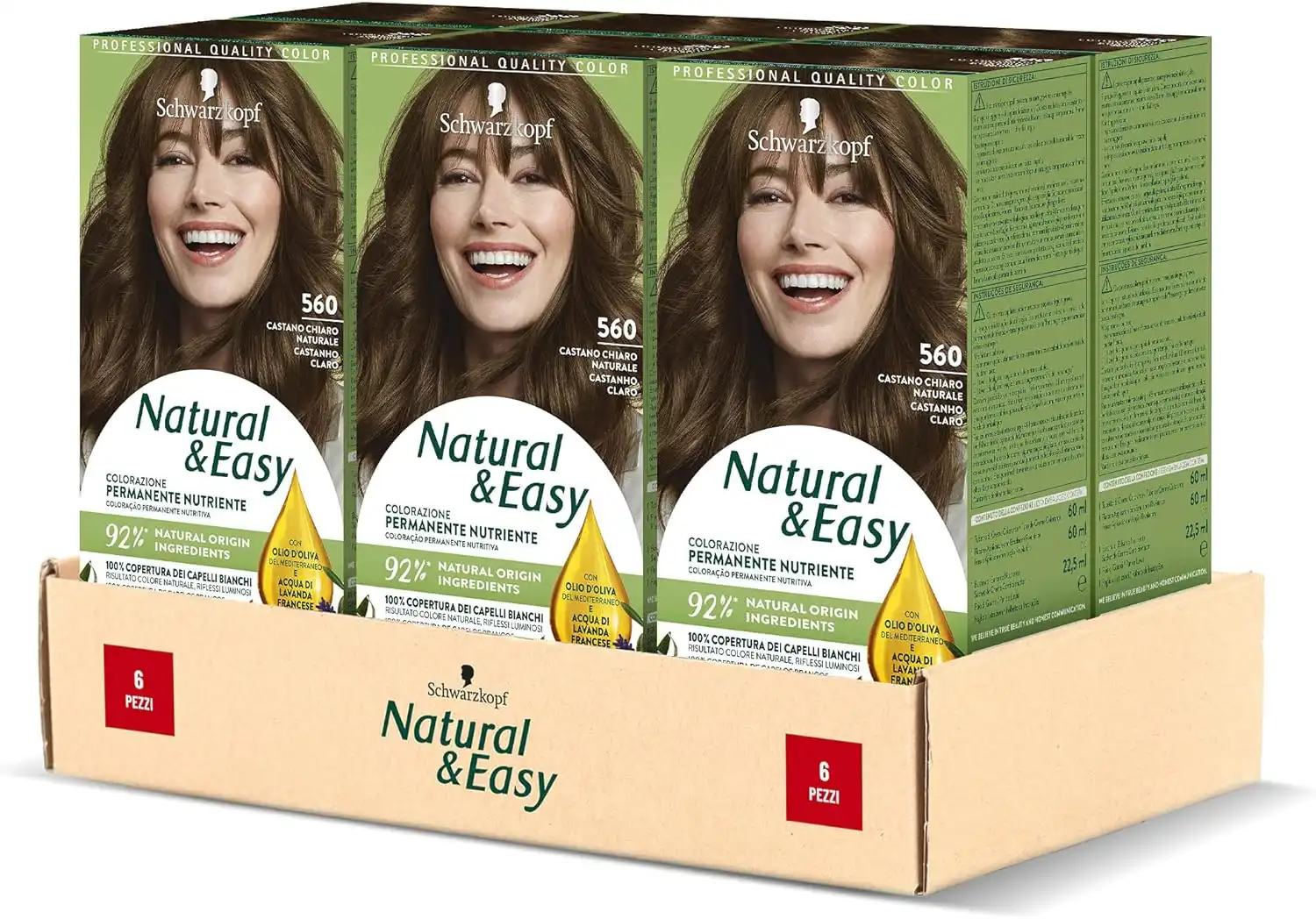 6x Schwarzkopf Natural & Easy 560 Castano Chiaro Tintura Permanente Nutriente