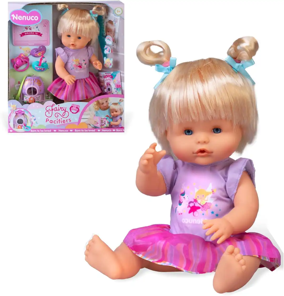 Bambola Nenuco Fairy Pacifiers accessori vestitino lilla Famosa Originale 35cm