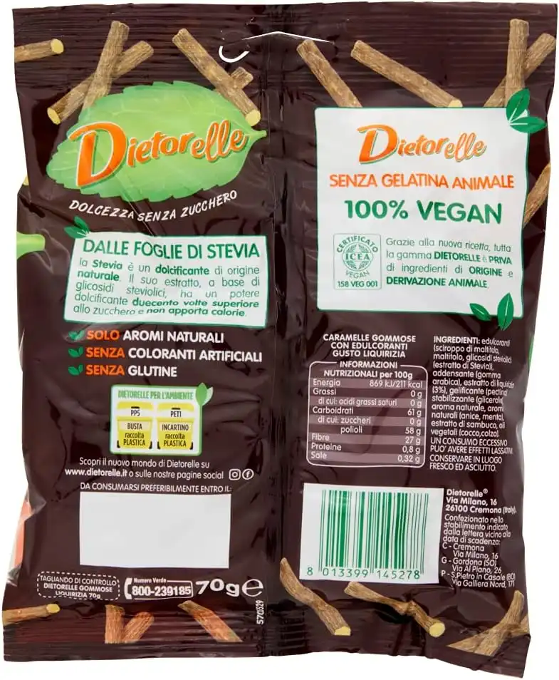 3x Dietorelle Caramelle Gommose Liquirizia 70g Vegan Senza Zucchero Stevia