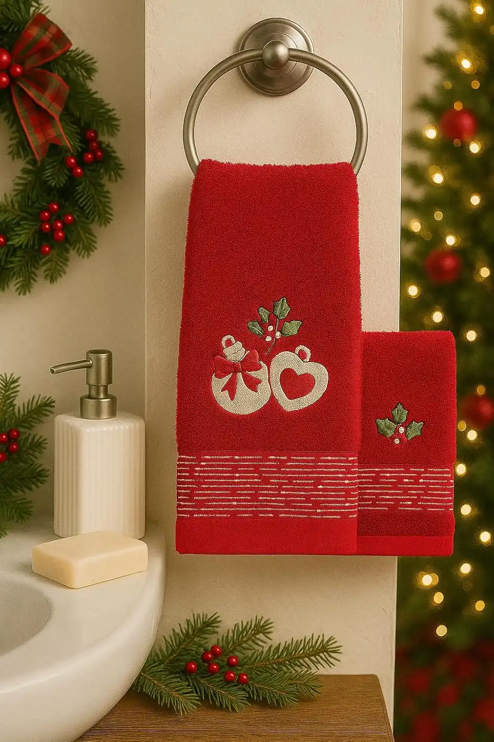Set Asciugamani Natalizi 2 Pezzi Spugna Rosso Ricamo Campanelle Agrifoglio