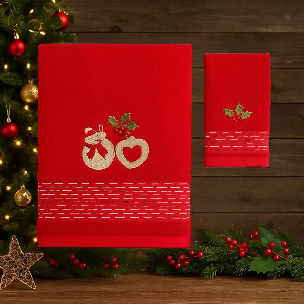 Set Asciugamani Natalizi 2 Pezzi Spugna Rosso Ricamo Campanelle Agrifoglio