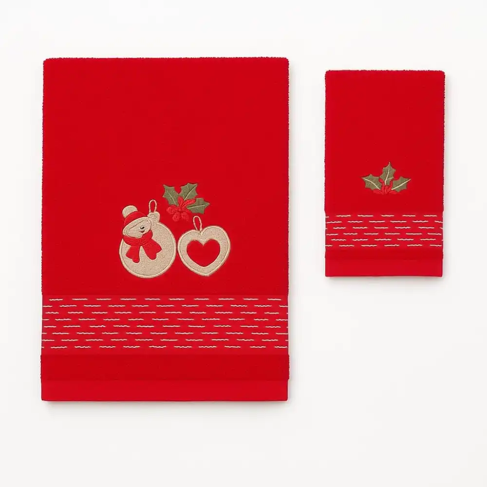 Set Asciugamani Natalizi 2 Pezzi Spugna Rosso Ricamo Campanelle Agrifoglio
