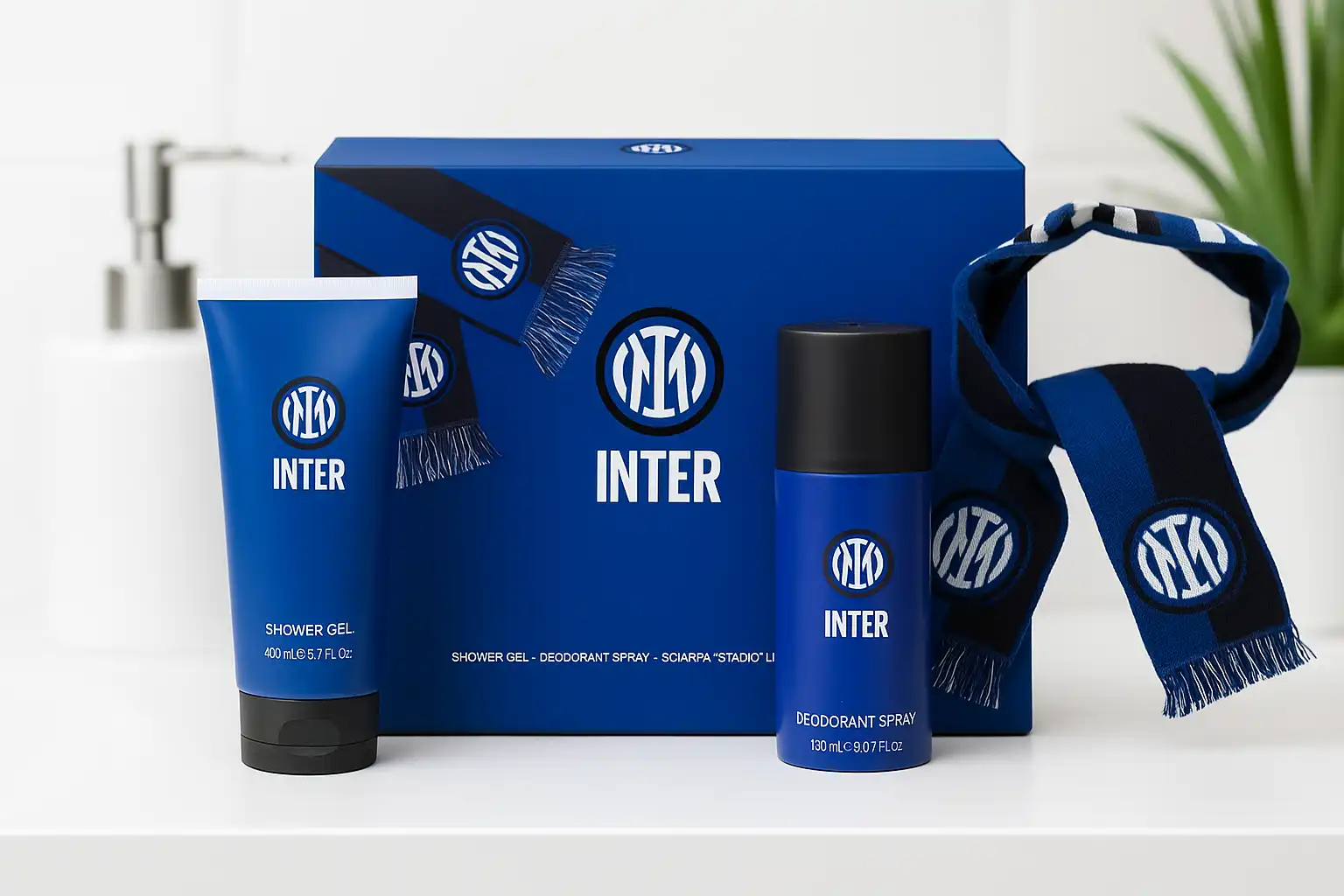 INTER Gift Set Uomo – Deodorante 150 ml + Shower Gel 200 ml + Sciarpa Ufficiale