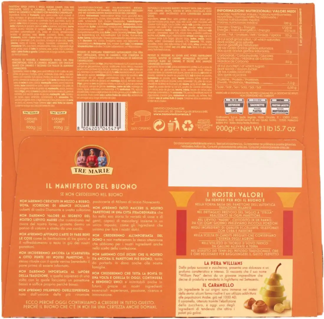 Tre Marie Panettone Caramel Doré Con Pere Williams E Cioccolato 900g