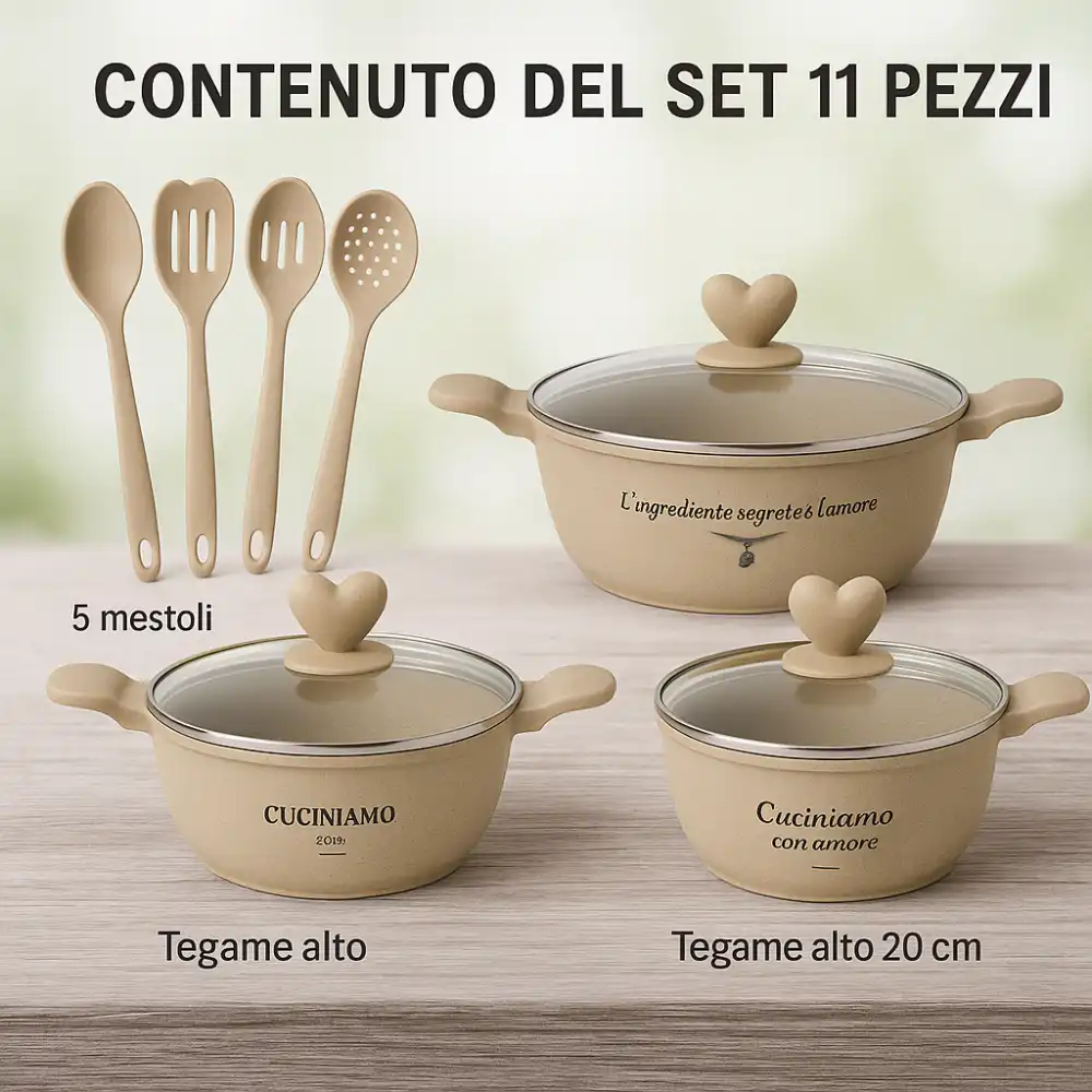 DGBavaria Lovely Set 11 Pezzi Tegami Pietra Antiaderente Coperchi Cuore Mestoli