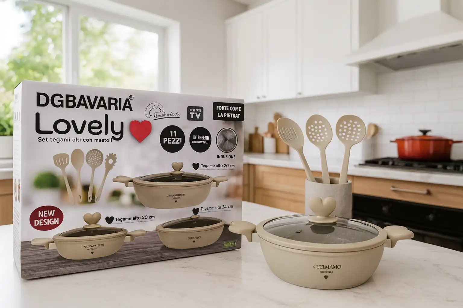 DGBavaria Lovely Set 11 Pezzi Tegami Pietra Antiaderente Coperchi Cuore Mestoli