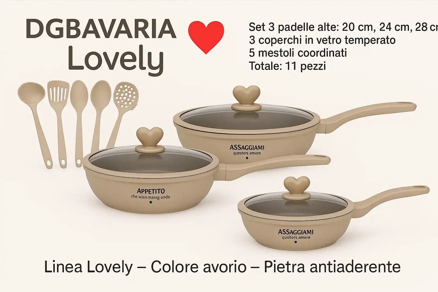 Set DGBavaria Lovely 11 Pezzi Padelle Pietra Avorio Coperchi Cuore con Mestoli