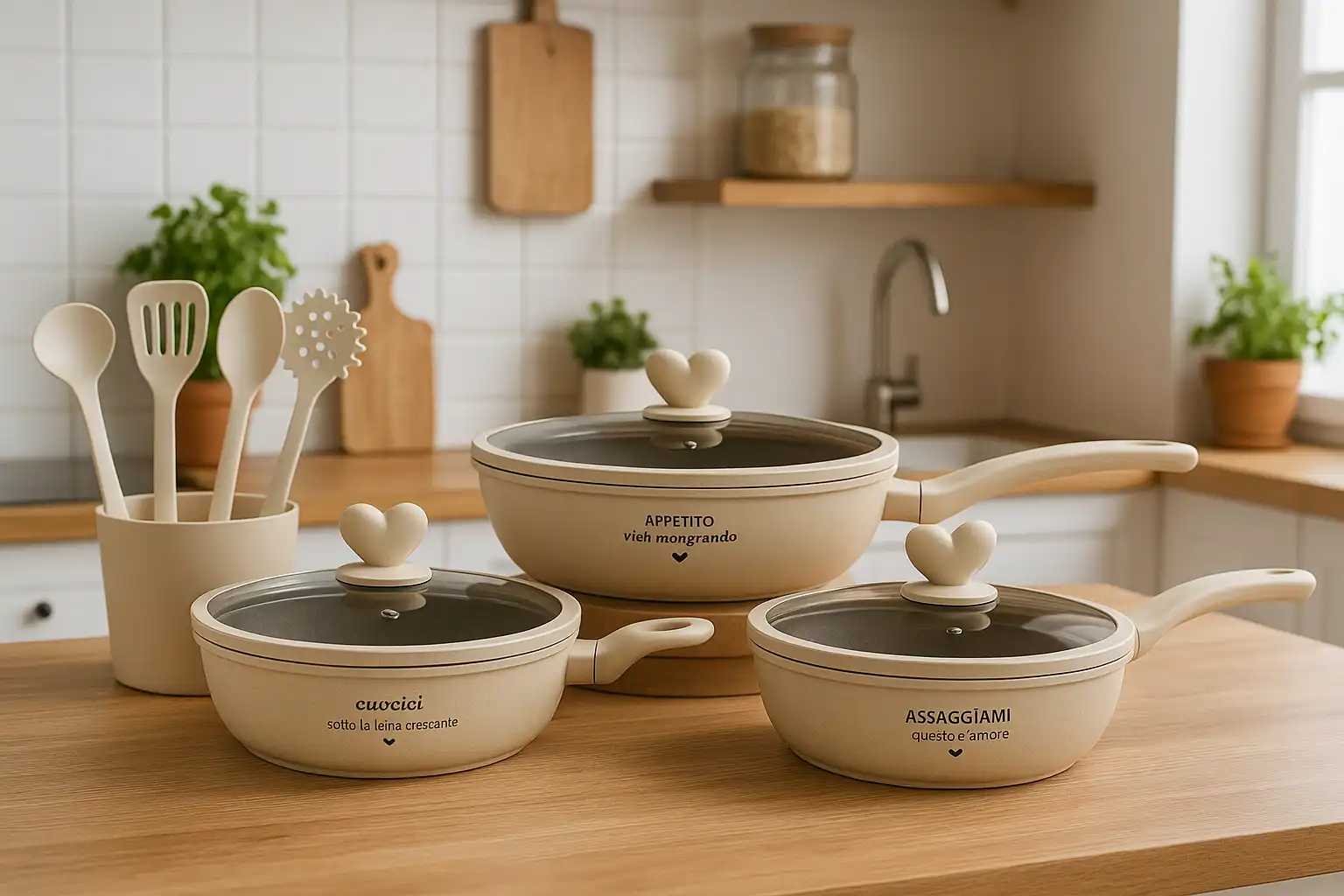 Set DGBavaria Lovely 11 Pezzi Padelle Pietra Avorio Coperchi Cuore con Mestoli