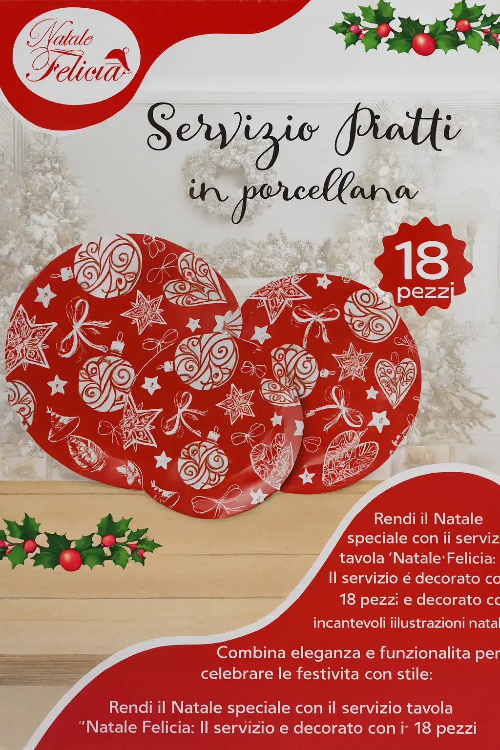 Servizio Piatti 18 Pezzi Porcellana Natale Rosso Tema Cuore Tavola Festiva