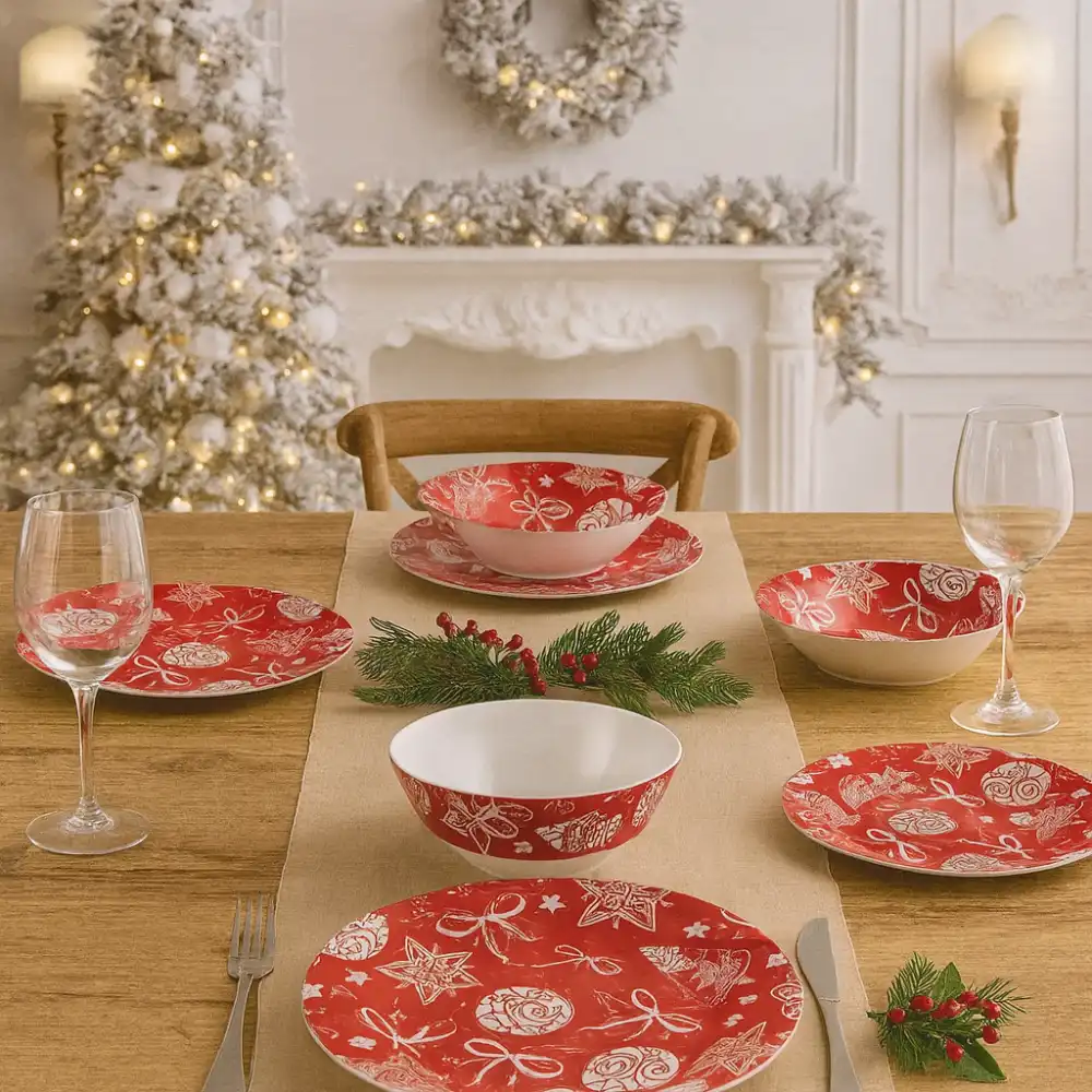 Servizio Piatti 18 Pezzi Porcellana Natale Rosso Tema Cuore Tavola Festiva