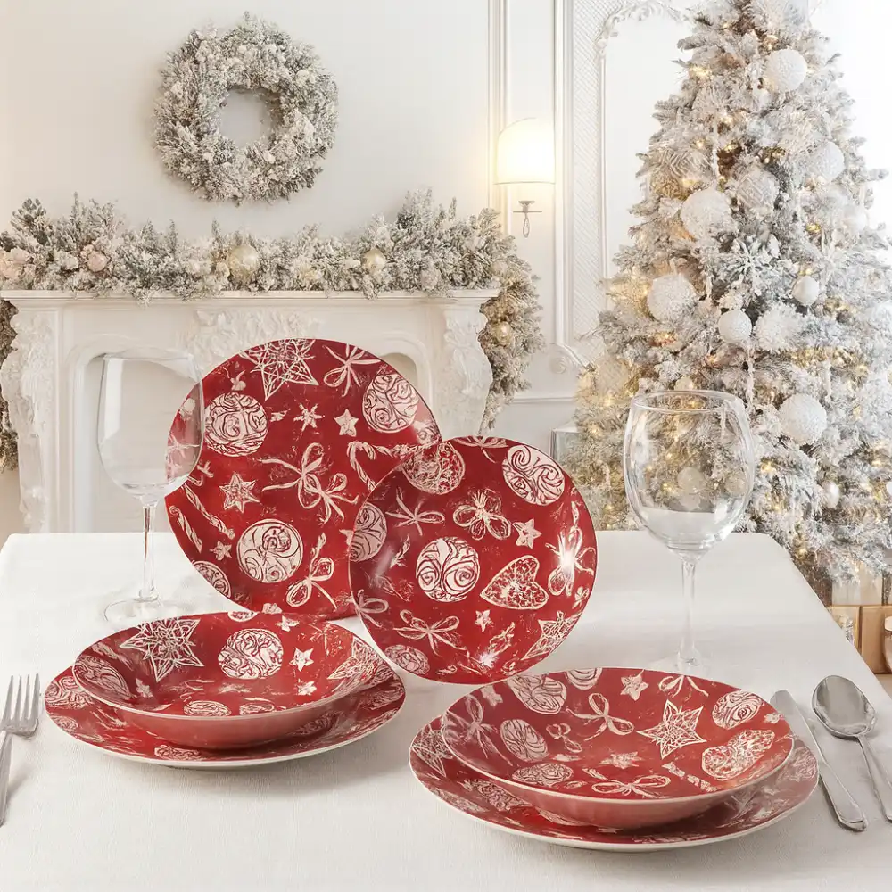 Servizio Piatti 18 Pezzi Porcellana Natale Rosso Tema Cuore Tavola Festiva