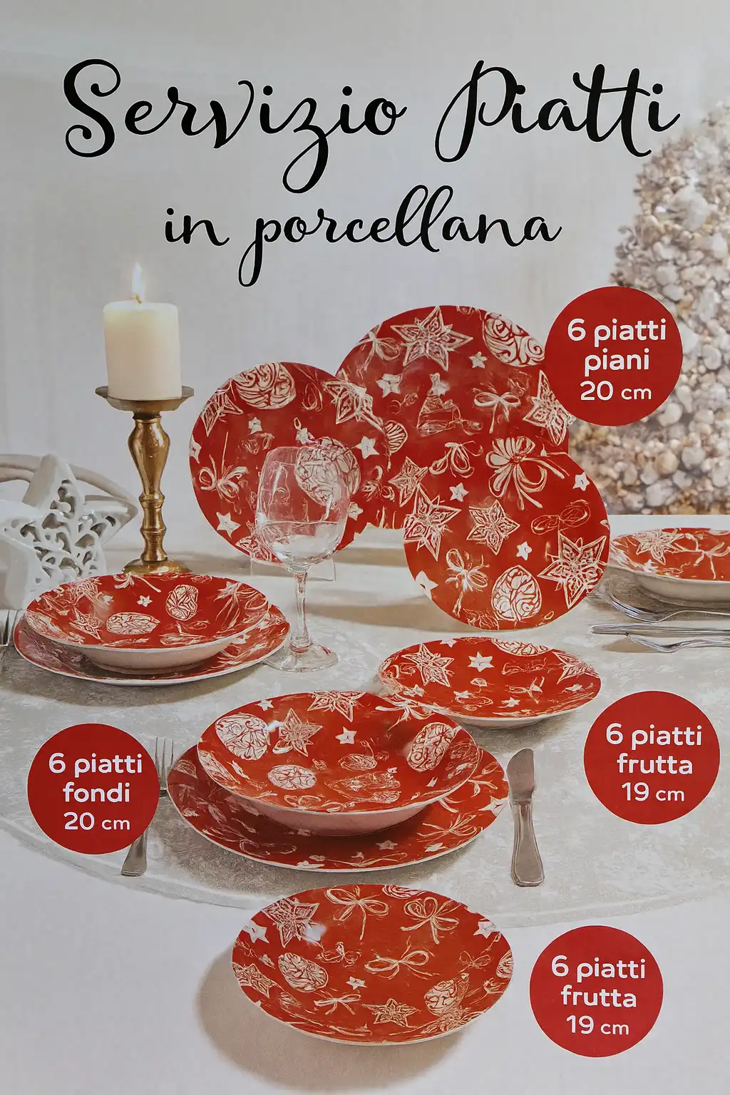 Servizio Piatti 18 Pezzi Porcellana Natale Rosso Tema Cuore Tavola Festiva