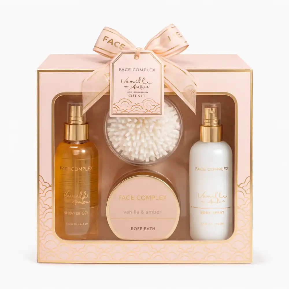 Set Regalo Face Complex Gold 4 Pezzi Vaniglia e Ambra Doccia Crema Scrub Spugna
