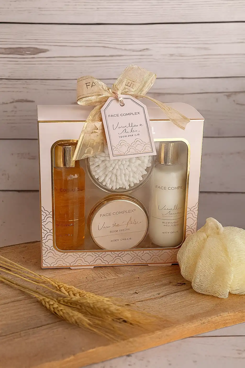 Set Regalo Face Complex Gold 4 Pezzi Vaniglia e Ambra Doccia Crema Scrub Spugna