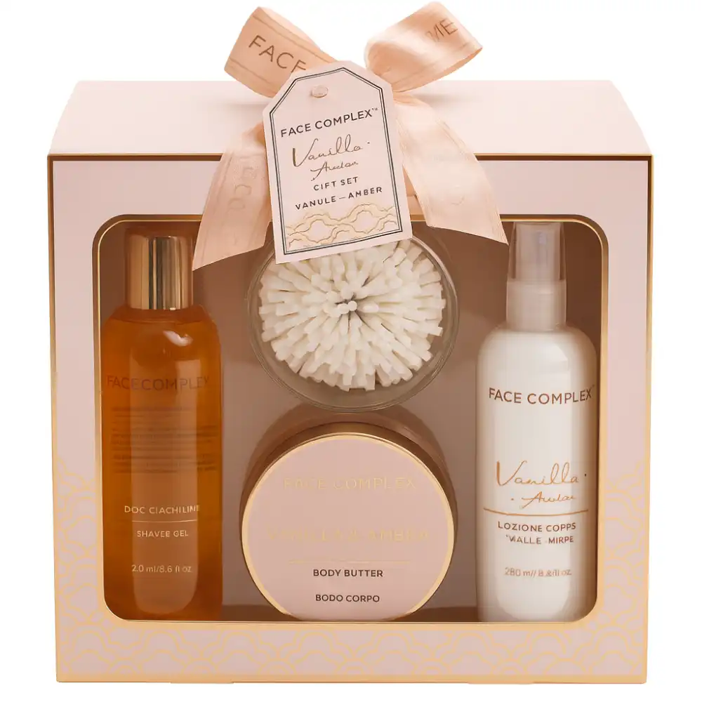 Set Regalo Face Complex Gold 4 Pezzi Vaniglia e Ambra Doccia Crema Scrub Spugna