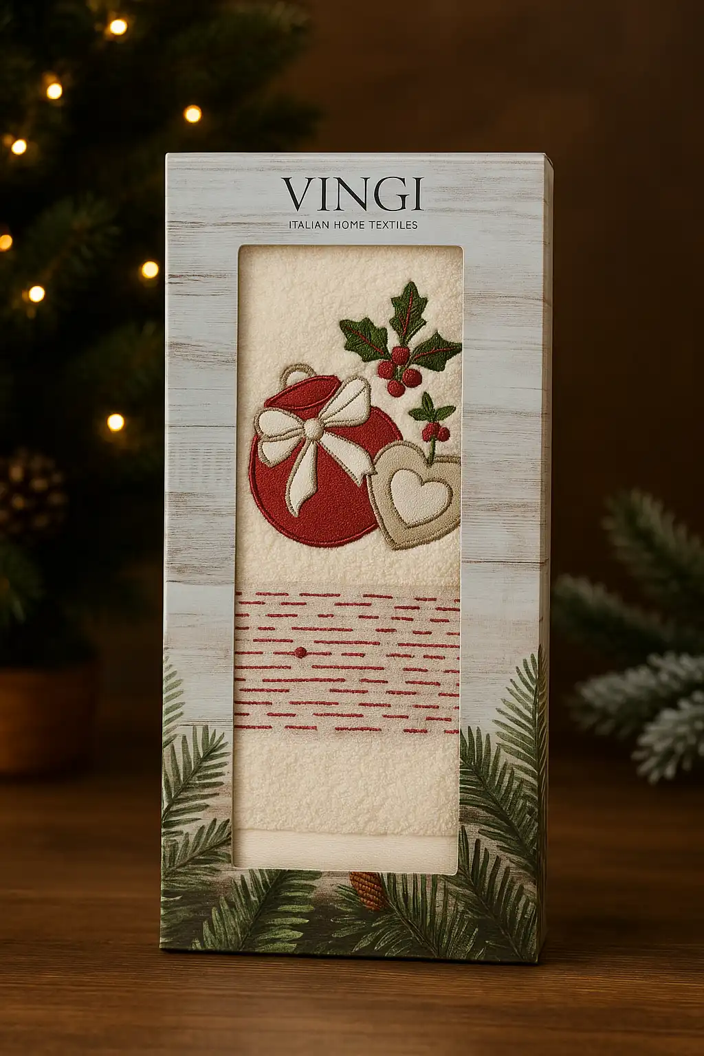 Set Asciugamano e Ospite Aurora Crema Vingi in Scatola con Ricamo Natalizio