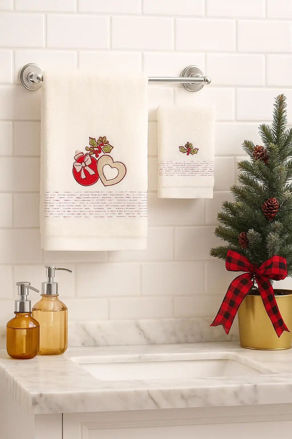 Set Asciugamano e Ospite Aurora Crema Vingi in Scatola con Ricamo Natalizio