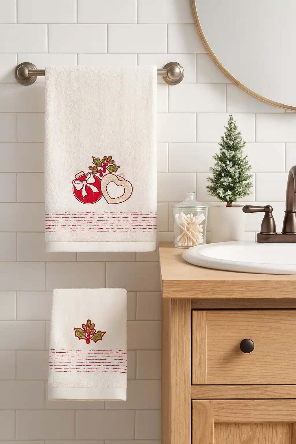 Set Asciugamano e Ospite Aurora Crema Vingi in Scatola con Ricamo Natalizio