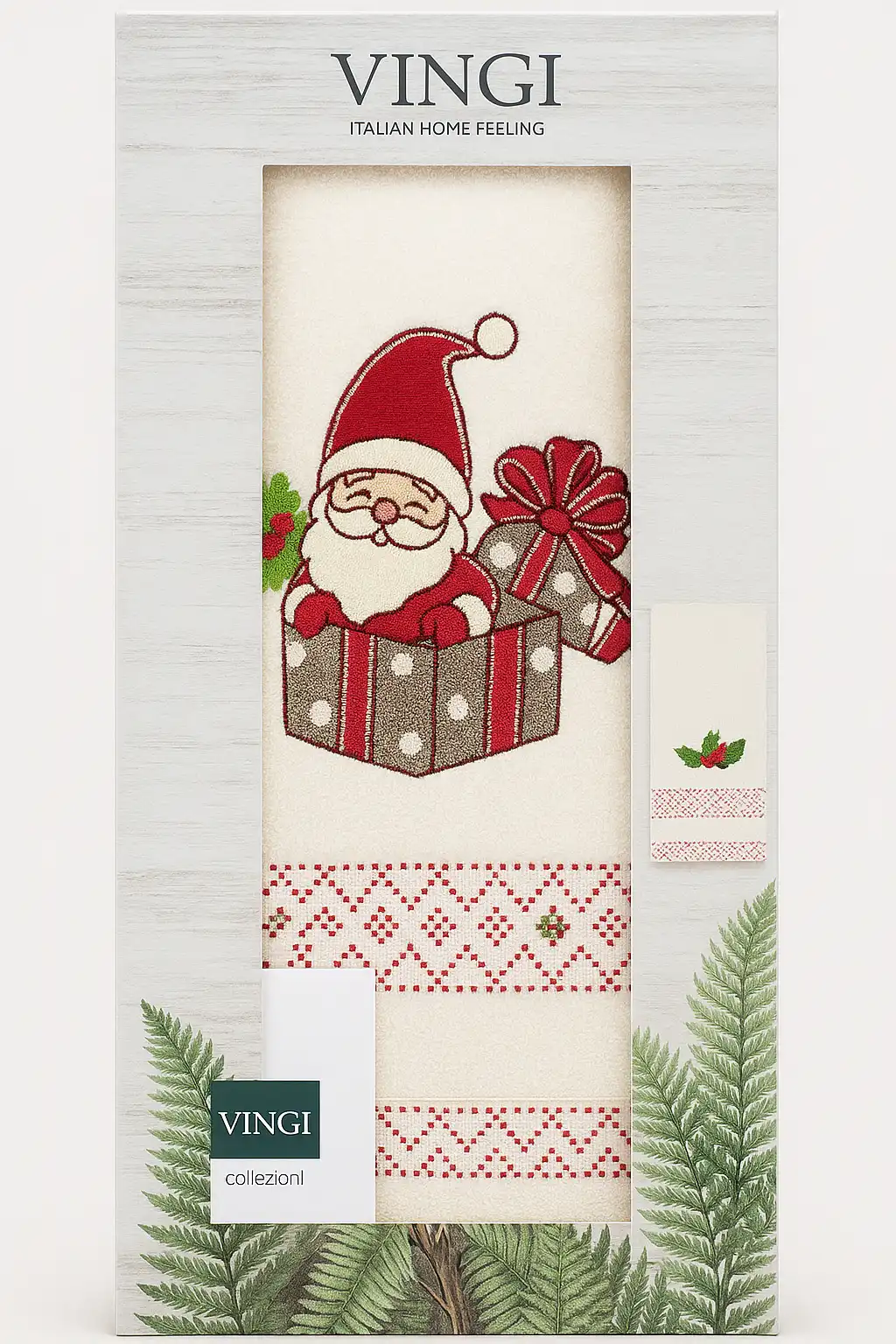 Set Asciugamano e Ospite Karol XMS Crema Vingi in Scatola Ricamo Natalizio