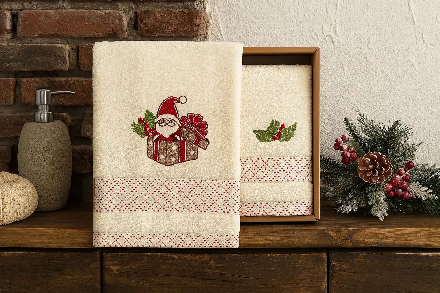 Set Asciugamano e Ospite Karol XMS Crema Vingi in Scatola Ricamo Natalizio