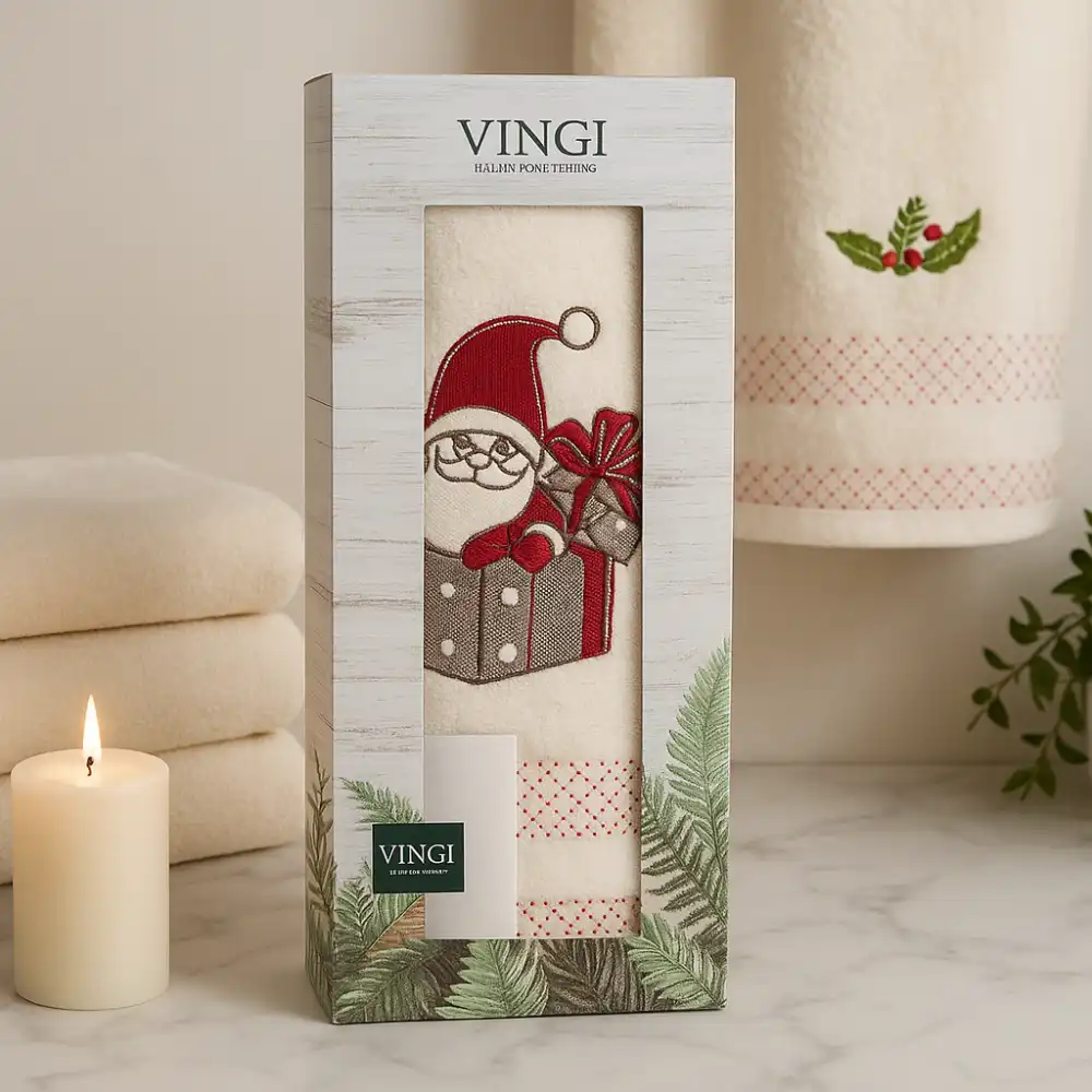 Set Asciugamano e Ospite Karol XMS Crema Vingi in Scatola Ricamo Natalizio