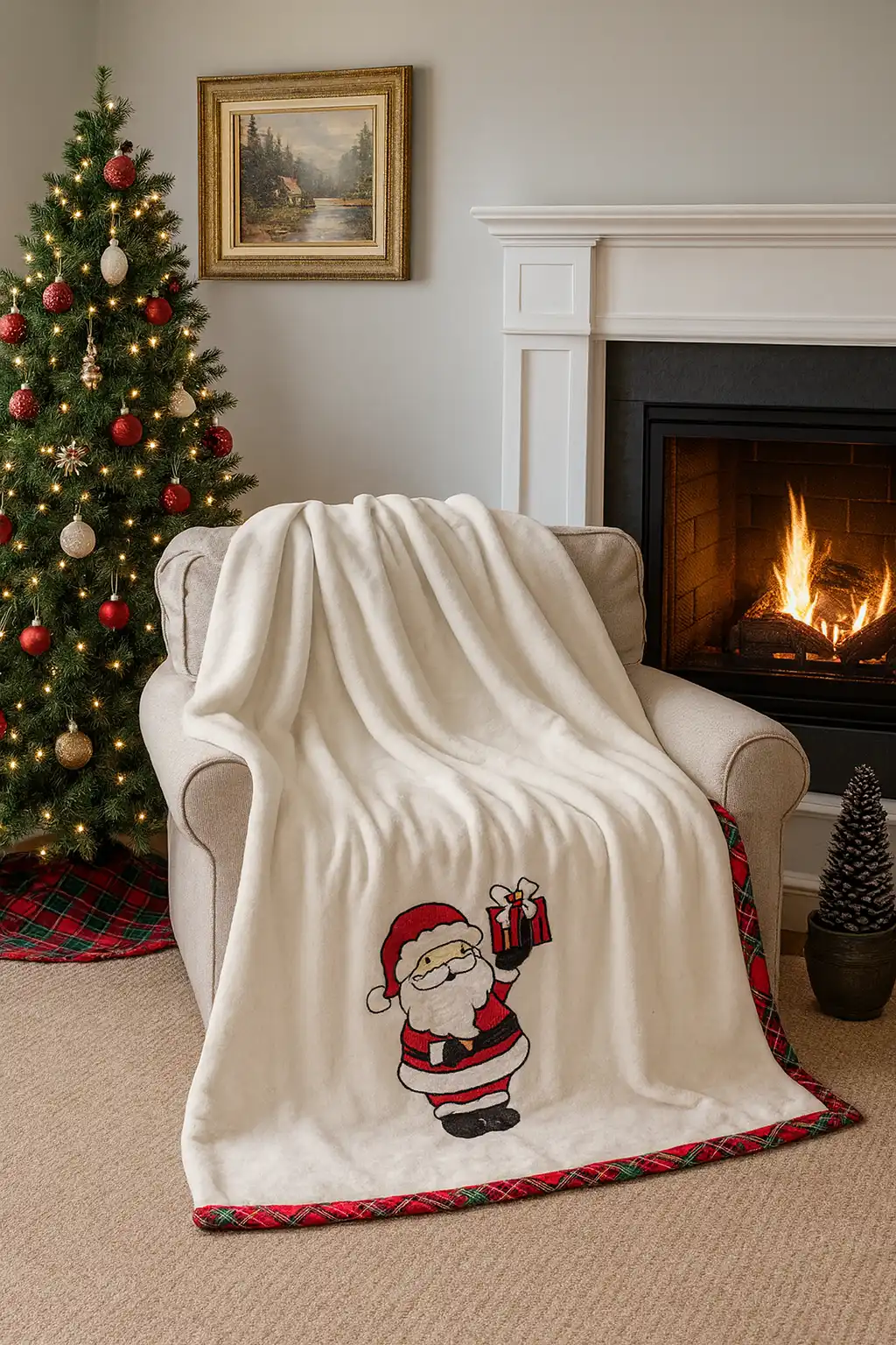 Plaid Vingi 130x180 Nuvola Panna in Scatola con Ricamo Santa Claus Natalizio