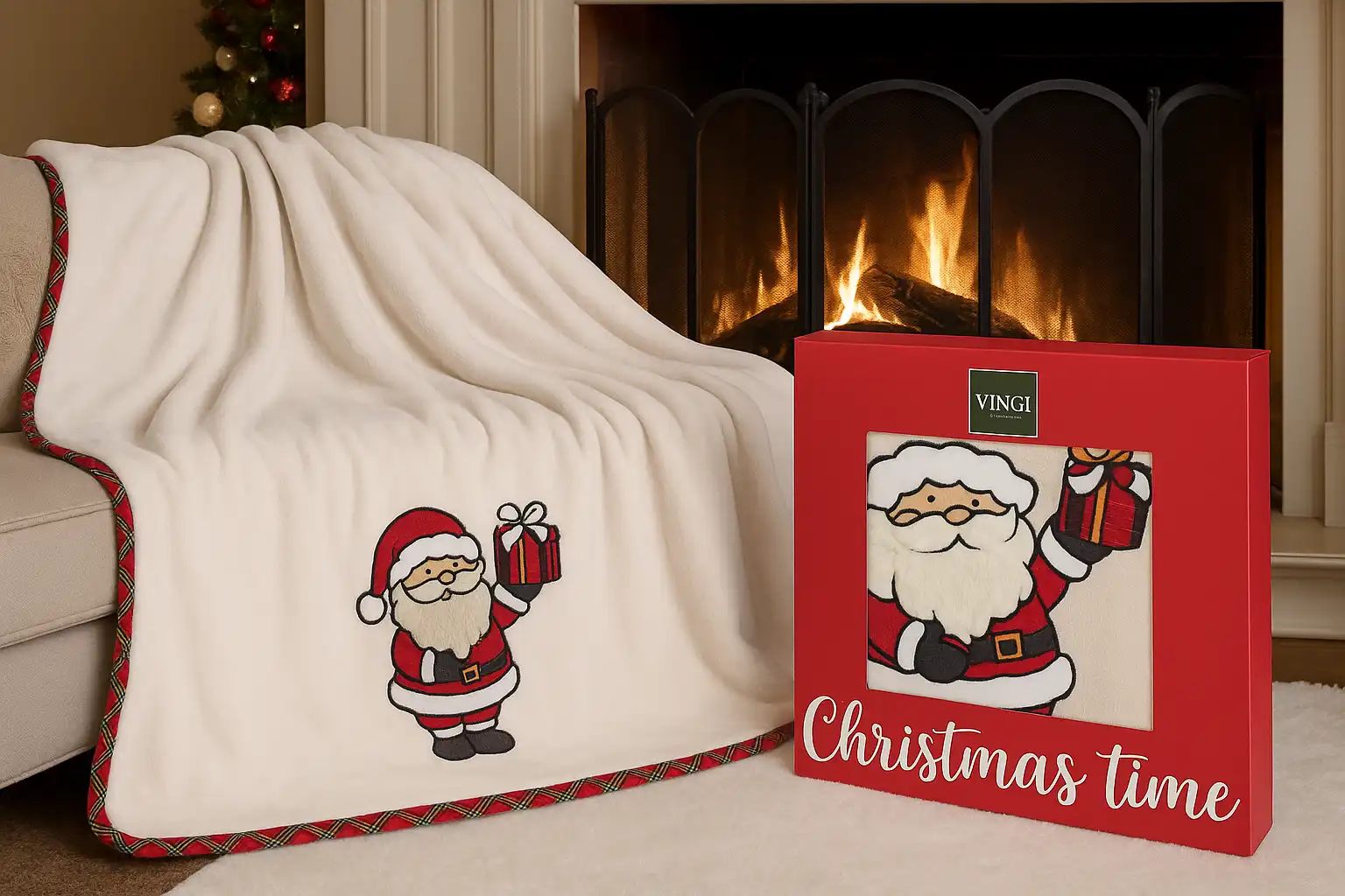 Plaid Vingi 130x180 Nuvola Panna in Scatola con Ricamo Santa Claus Natalizio