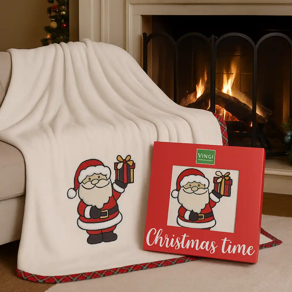 Plaid Vingi 130x180 Nuvola Panna in Scatola con Ricamo Santa Claus Natalizio