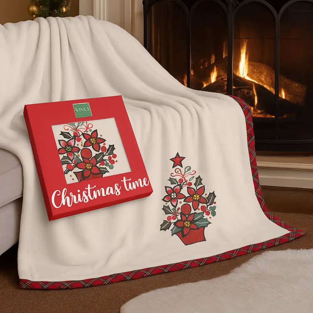 Plaid Vingi 130x180 Nuvola Panna in Scatola con Ricamo Albero di Natale Elegante