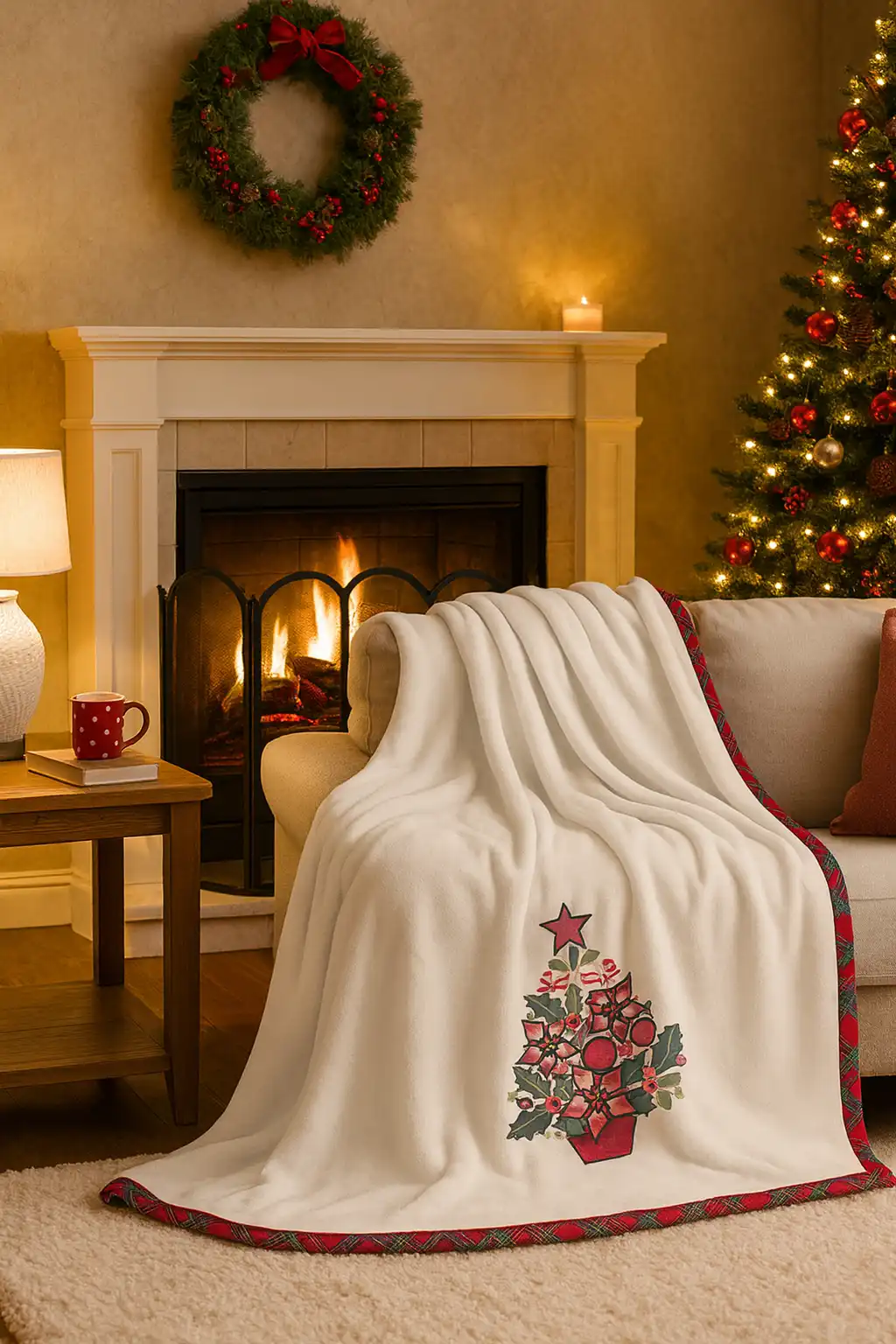 Plaid Vingi 130x180 Nuvola Panna in Scatola con Ricamo Albero di Natale Elegante